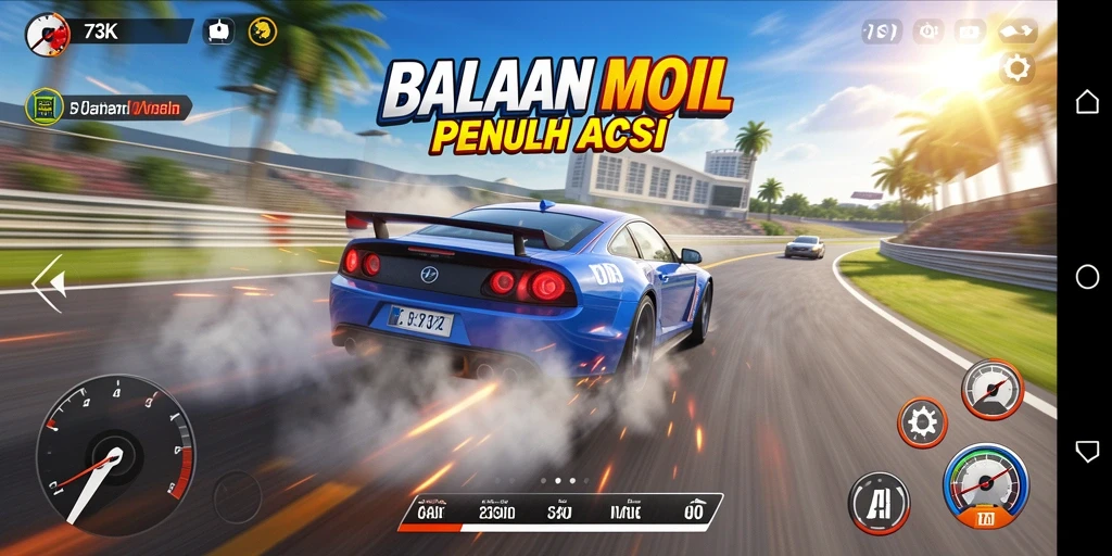 Screenshot gameplay 73K menampilkan aksi balapan mobil yang mendebarkan.