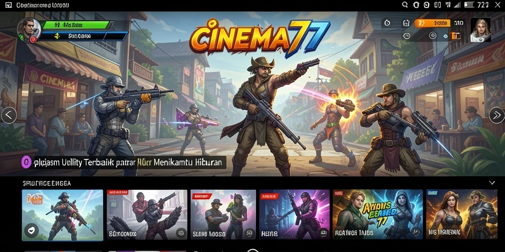 Tampilan utama CINEMA77 memperlihatkan berbagai pilihan film dan acara TV.