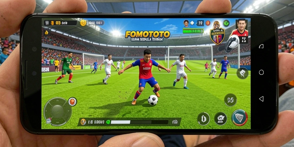 Screenshot FOMOTOTO menampilkan aksi sepak bola yang mendebarkan.