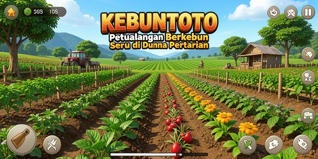 Tampilan gameplay KEBUNTOTO dengan ladang yang subur.