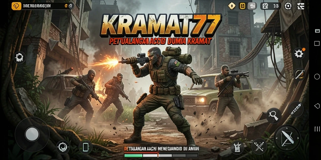 Screenshot utama KRAMAT77 menunjukkan aksi seru saat bertarung melawan musuh.