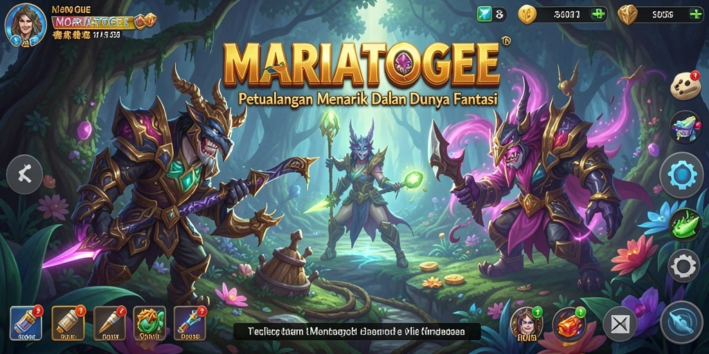 Tangkapan layar utama MARIATOGEL memperlihatkan aksi seru dalam petualangan fantastis.