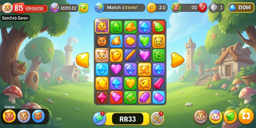 Screenshot gameplay RR33 menampilkan keseruan permainan Match-3 yang penuh warna.