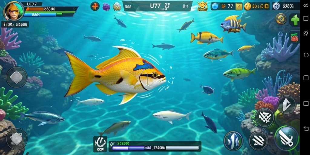 Tangkapan layar gameplay UT77 yang menunjukkan keseruan menembak ikan.